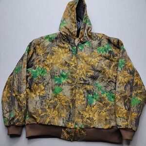 Bear River Workwear Mens XL Camo Hooded Jacket Quilted Lined Leaf Print Brown